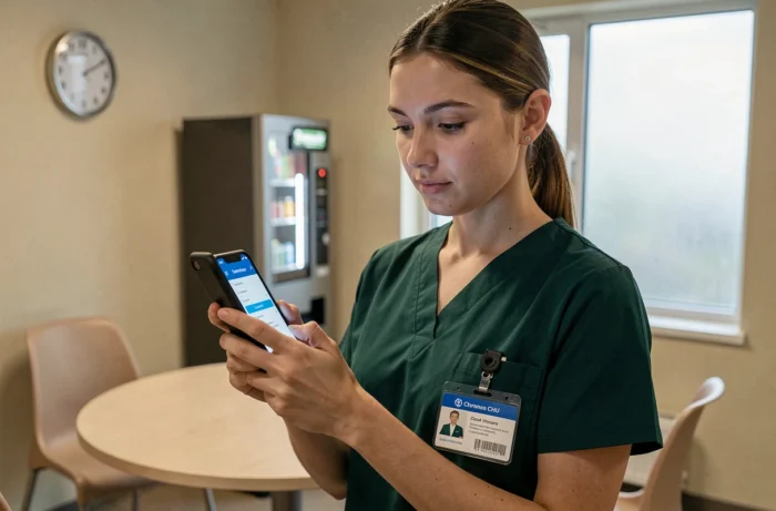 Agente hospitalière accédant à Chronos CHU sur smartphone dans la salle de pause d'un hôpital