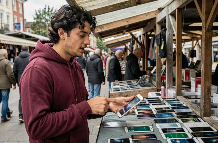 Jeune homme achetant un Huawei P10 Lite pas cher sur un marché de téléphones reconditionnés en plein air