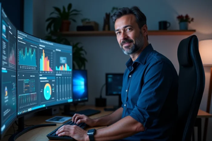 Homme analysant des tableaux de bord technologiques sur un grand écran incurvé dans un espace de travail à domicile