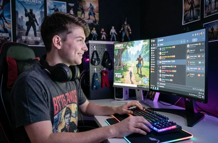 Adolescent avec un casque gaming assis devant un écran affichant Discord et un chat avec l'abréviation BTBF, représentant la culture gaming et le langage des jeunes en ligne