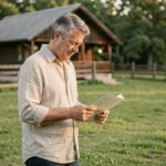 Homme examinant un courrier officiel sur un terrain de loisir non constructible avec un chalet en arrière-plan