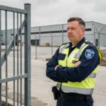 Agent de sécurité en uniforme devant le portail d'entrée d'un entrepôt industriel sécurisé