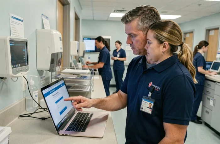 Technicien informatique aidant une infirmière à se connecter au système Chronos CHU à un poste de soins infirmiers