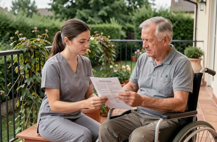 Aide-soignante à domicile révisant les instructions médicamenteuses avec un patient en fauteuil roulant sur une terrasse