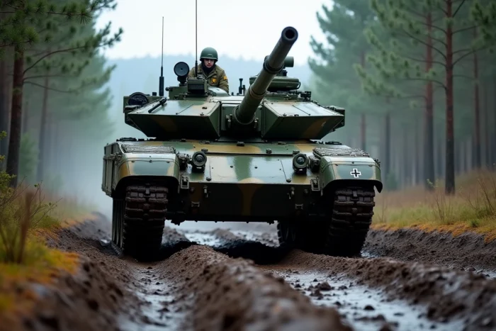 Un char Leopard 2A7 de la Bundeswehr allemande lors d'un exercice OTAN en forêt d'Europe centrale dans la boue