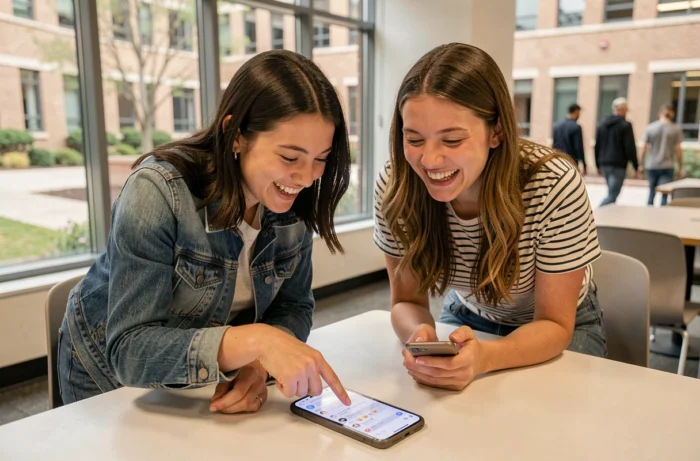 Deux jeunes femmes riant ensemble en découvrant un message BTBF sur Discord depuis leurs smartphones