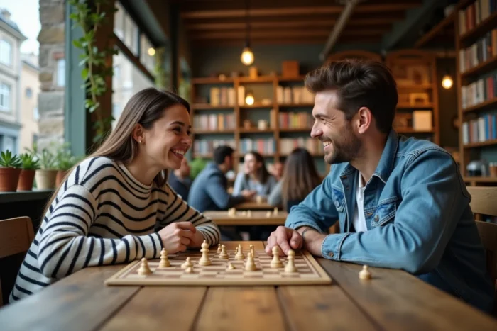 Deux amis jouant à un jeu de société dans un café convivial, loisirs sociaux et jeux entre amis 2024