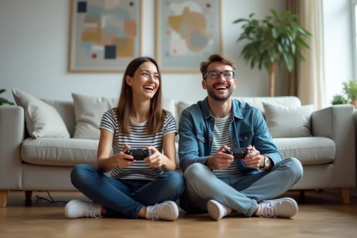 Deux amis jouant ensemble à des jeux vidéo en ligne dans un appartement moderne, assis par terre avec des manettes