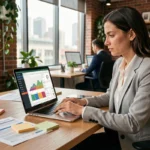 Femme analyste SEO examinant un tableau de bord de classement de mots-clés sur un ordinateur portable dans un bureau moderne