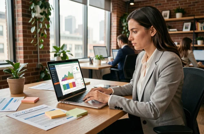 Femme analyste SEO examinant un tableau de bord de classement de mots-clés sur un ordinateur portable dans un bureau moderne