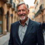 Portrait éditorial d'un animateur télévision élégant dans une rue pavée européenne