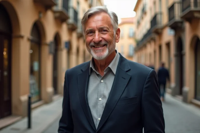 Portrait éditorial d'un animateur télévision élégant dans une rue pavée européenne