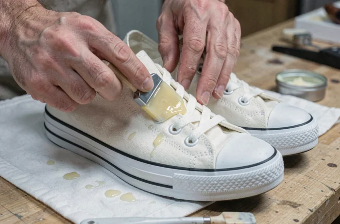 Mains masculines appliquant de la cire imperméabilisante sur une sneaker en toile Vans Old Skool sur un établi en bois