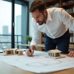 Architecte examinant des plans de maisons individuelles neuves dans un bureau moderne en France