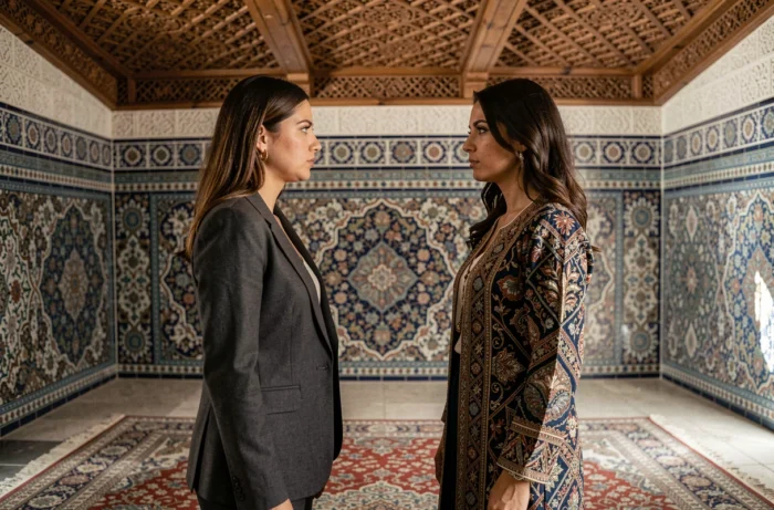 Deux femmes turques en confrontation silencieuse dans un intérieur ottoman orné, scène de tension dramatique rappelant l'univers de la série Atiye saison 4