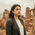 Femme turque contemplative devant des ruines anatoliennes, ambiance thriller mystérieux inspiré de la série Atiye saison 4 sur Netflix