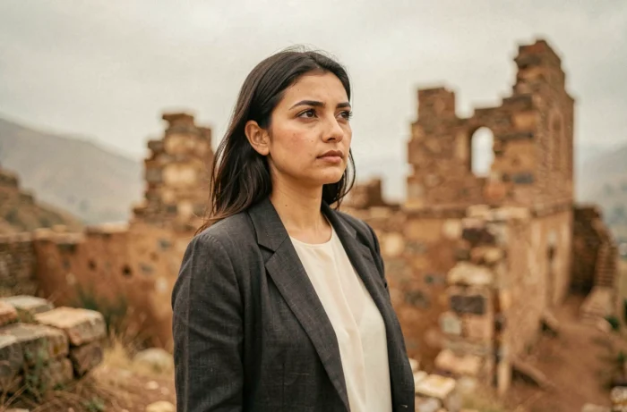 Femme turque contemplative devant des ruines anatoliennes, ambiance thriller mystérieux inspiré de la série Atiye saison 4 sur Netflix