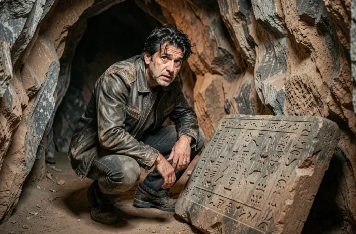 Homme étudiant une tablette de pierre ancienne dans une grotte mystérieuse, atmosphère de thriller archéologique évoquant Atiye sur Netflix