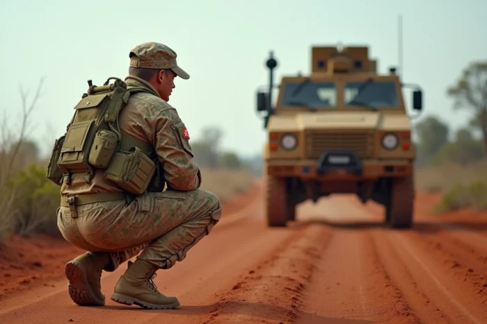 Un soldat de l'armée australienne en tenue Multicam près d'un véhicule Bushmaster lors d'un exercice dans l'outback du Territoire du Nord
