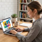 Femme blogueuse travaillant sur les dernières tendances web et actualités numériques depuis son bureau à domicile