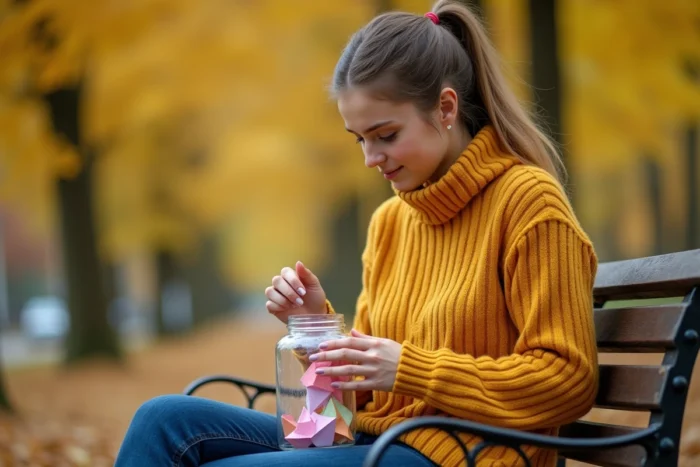 Jeune femme en pull moutarde glissant une cocotte en papier avec un message positif dans un bocal portable sur un banc de parc en automne