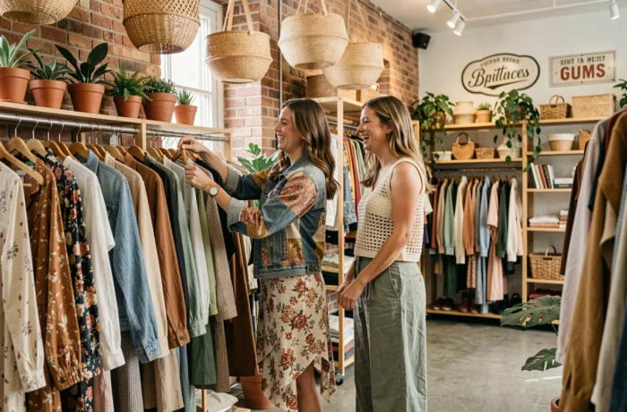 Deux femmes en tenues hippie chic années 70 — veste en denim patchwork et gilet crocheté — dans une boutique de vêtements vintage bohème remplie de plantes