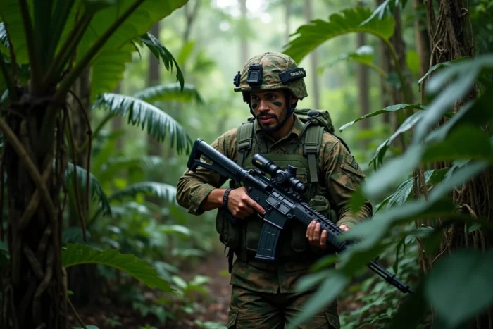 Un soldat de l'armée brésilienne en camouflage jungle lors d'un exercice en forêt amazonienne dense, avec peinture de camouflage faciale
