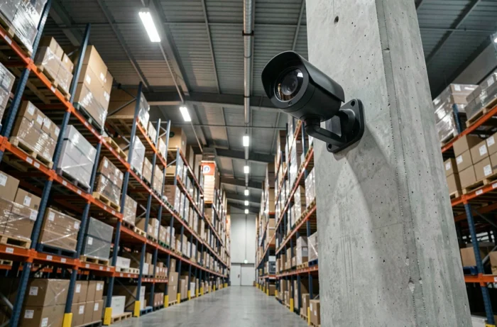 Caméra de surveillance CCTV installée dans un entrepôt logistique pour prévenir les intrusions