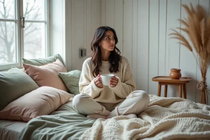 Femme détendue dans une chambre cocooning scandinave avec literie en lin superposée et décoration naturelle en herbe de pampa