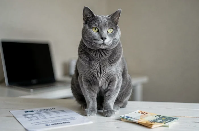 Chat British Shorthair gris assis près d'un contrat d'assurance santé animale sur un bureau blanc