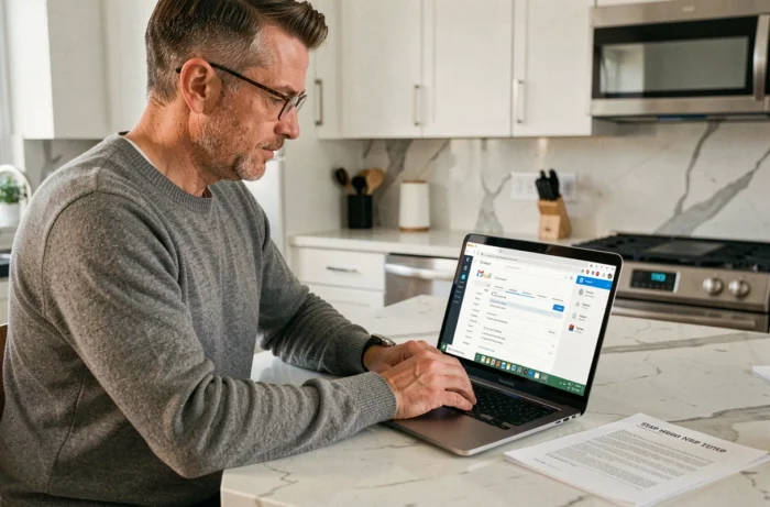 Homme avec lunettes configurant un client de messagerie IMAP Gmail depuis sa cuisine moderne