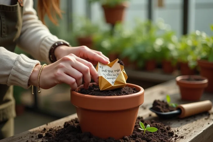 Femme plantant dans la terre une cocotte en papier ensemencé portant un message manuscrit dans un pot en terre cuite sur un établi de jardin