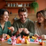 Groupe de jeunes adultes attablés qui s'amusent avec des cocottes en papier colorées dans une cuisine conviviale