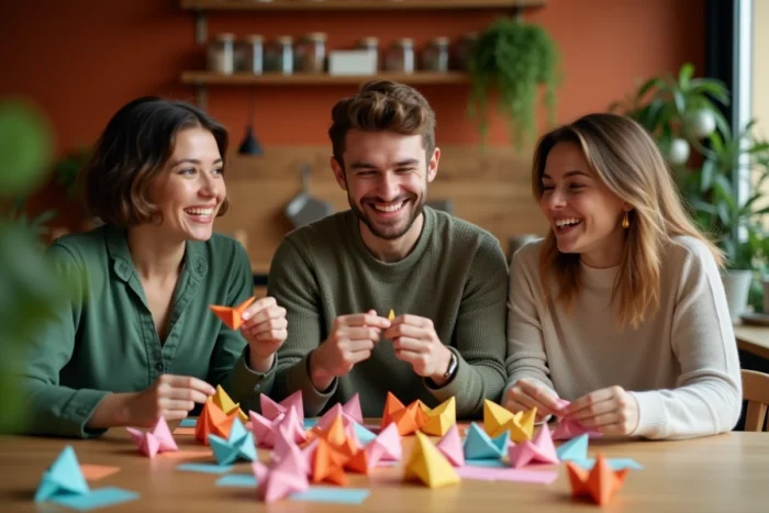 Groupe de jeunes adultes attablés qui s'amusent avec des cocottes en papier colorées dans une cuisine conviviale