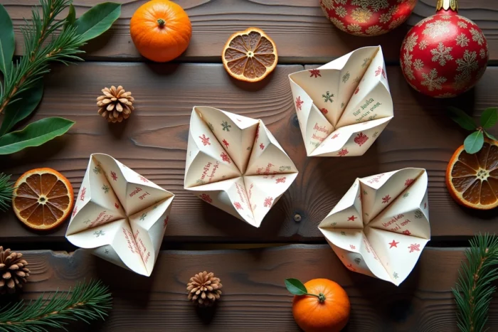 Cocottes en papier saisonnières avec décorations hivernales et messages de fête manuscrits disposées en flat lay sur bois rustique