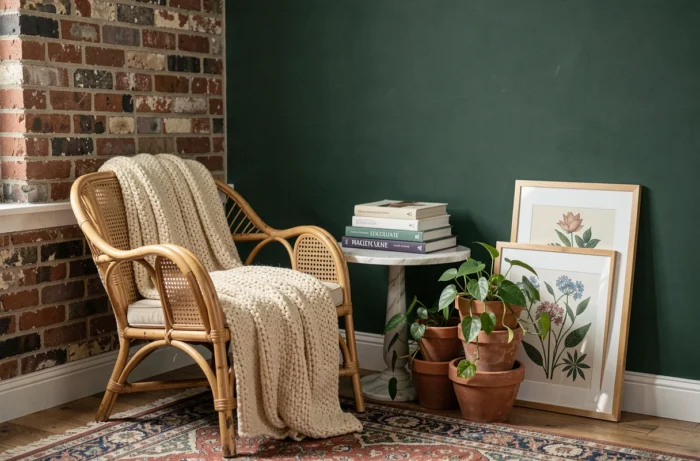 Coin lecture cosy avec fauteuil en rotin, mur vert forêt et plantes en pot pour une décoration intérieure tendance