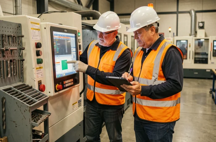 Deux techniciens de maintenance collaborant sur un écran de contrôle CNC pour optimiser la production en usine