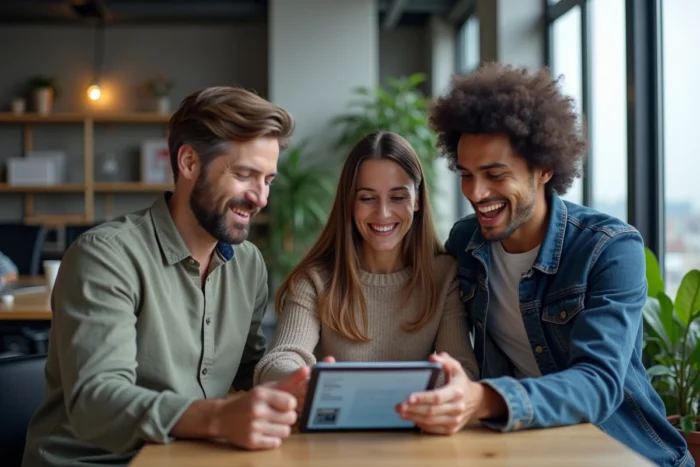 Groupe de collègues dans un bureau moderne parisien consultant l'actualité française sur une tablette numérique