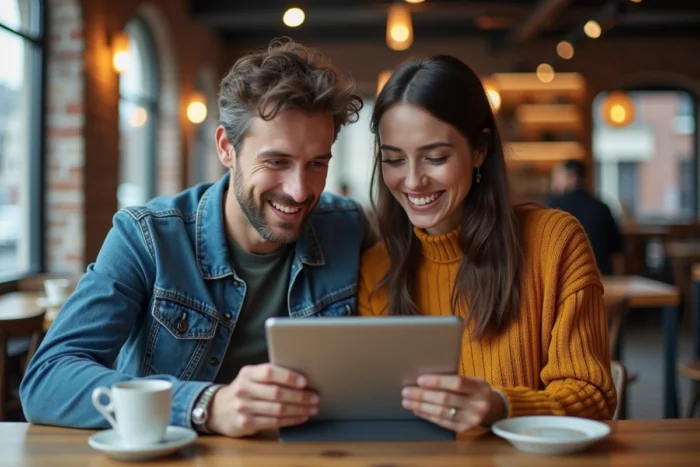 Deux collègues en café consultant une page web sur la signification des numéros téléphoniques français 33 806