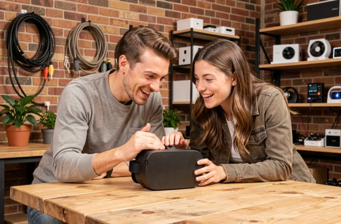 Deux collègues examinant un casque de réalité augmentée dans un studio de startup créatif