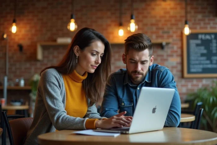 Deux collègues comparant des outils de veille web et d'alertes sur un ordinateur portable dans un espace de coworking