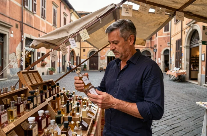 Homme comparant deux flacons de parfum sur un marché en plein air dans une place italienne pavée