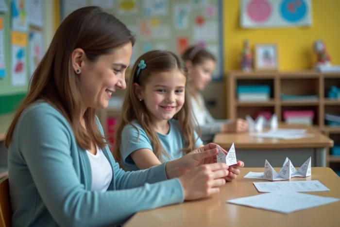 Institutrice remettant une cocotte en papier avec un compliment personnalisé à une élève souriante en classe