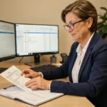 Comptable femme analysant des relevés bancaires et un grand livre de comptes pour le compte 515 en comptabilité