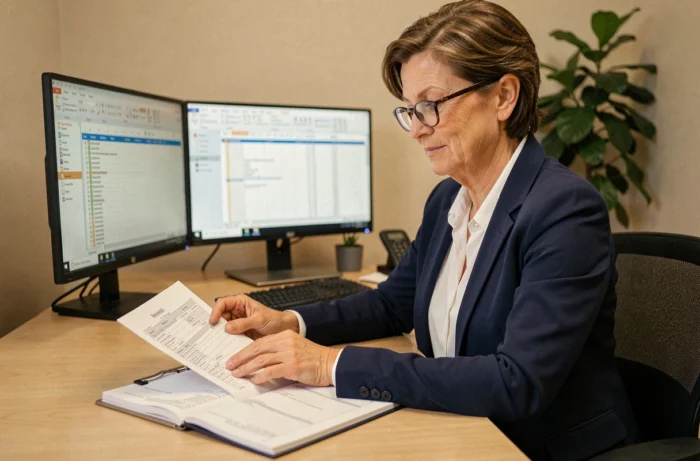 Comptable femme analysant des relevés bancaires et un grand livre de comptes pour le compte 515 en comptabilité