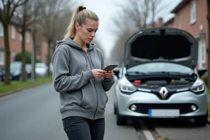 Conductrice inquiète inspectant le moteur d'une Clio 4 en panne sur le bord de la route