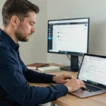 Homme configurant Gmail en IMAP sur un logiciel de messagerie depuis son bureau à domicile