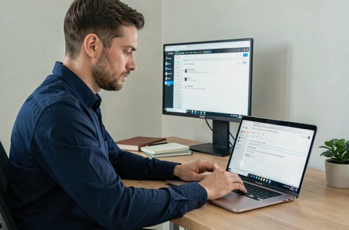 Homme configurant Gmail en IMAP sur un logiciel de messagerie depuis son bureau à domicile