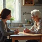 Fille adulte et mère âgée discutant calmement autour d'une table de cuisine, illustrant la gestion des conflits familiaux avec bienveillance