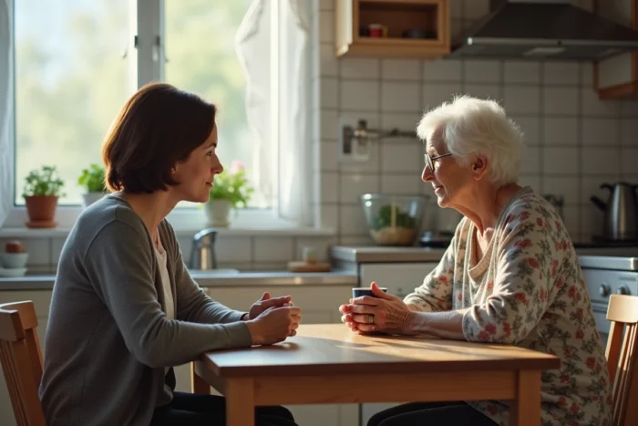 Fille adulte et mère âgée discutant calmement autour d'une table de cuisine, illustrant la gestion des conflits familiaux avec bienveillance